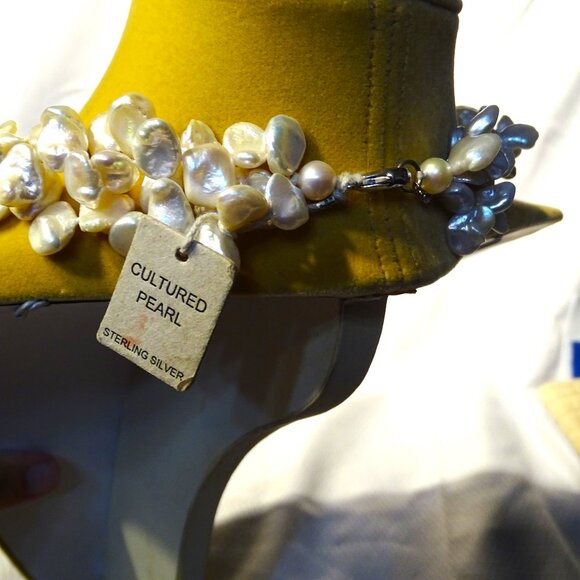 Sprig Three strand Pearl Necklace 17"  Sterling Silver 2" Extension - Picture 5 of 8